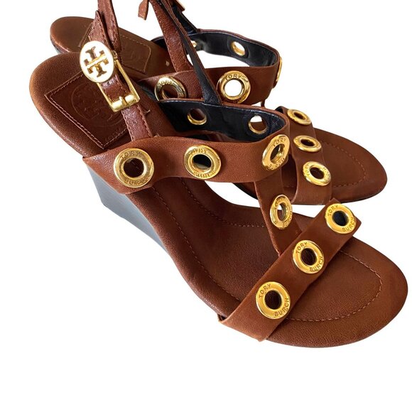 Tory Burch Shoes - Tory Burch Kathryn Brown Leather Gold Grommet Wedge Sandals Sz 8.5 Designer Luxu